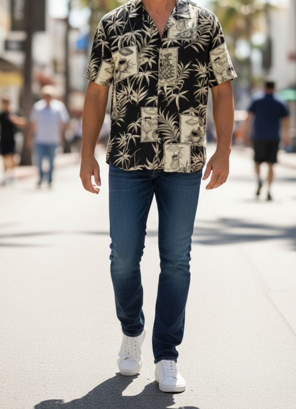 Caribbean Joe Hawaiian Shirt Men's Large Black Tan Palm Leaves Rayon Aloha